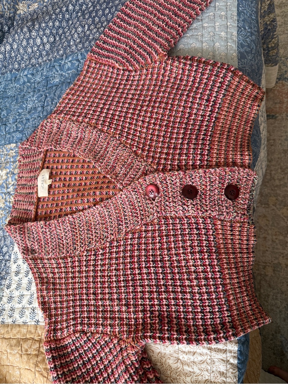 THE GREAT. Rose-Multi Knit Buttoned V-Neck Cardigan